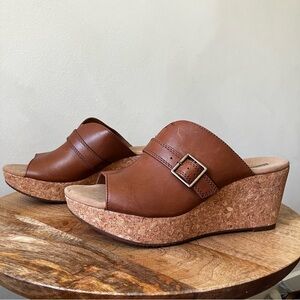 Clarks | Annadel Holly Dark Tan Leather Buckle Wedge Sandal